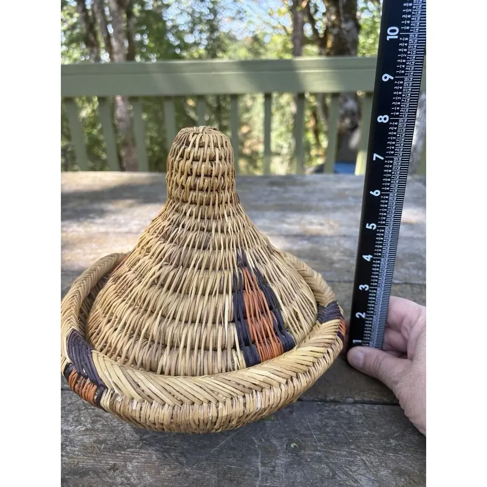 Moroccan Handwoven Artisan Lidded Tagine Berber Handmade Basket 9” tall by 8” w